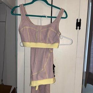 Fabletics Lavender Sports Bra & Leggings with Pale Yellow Trim